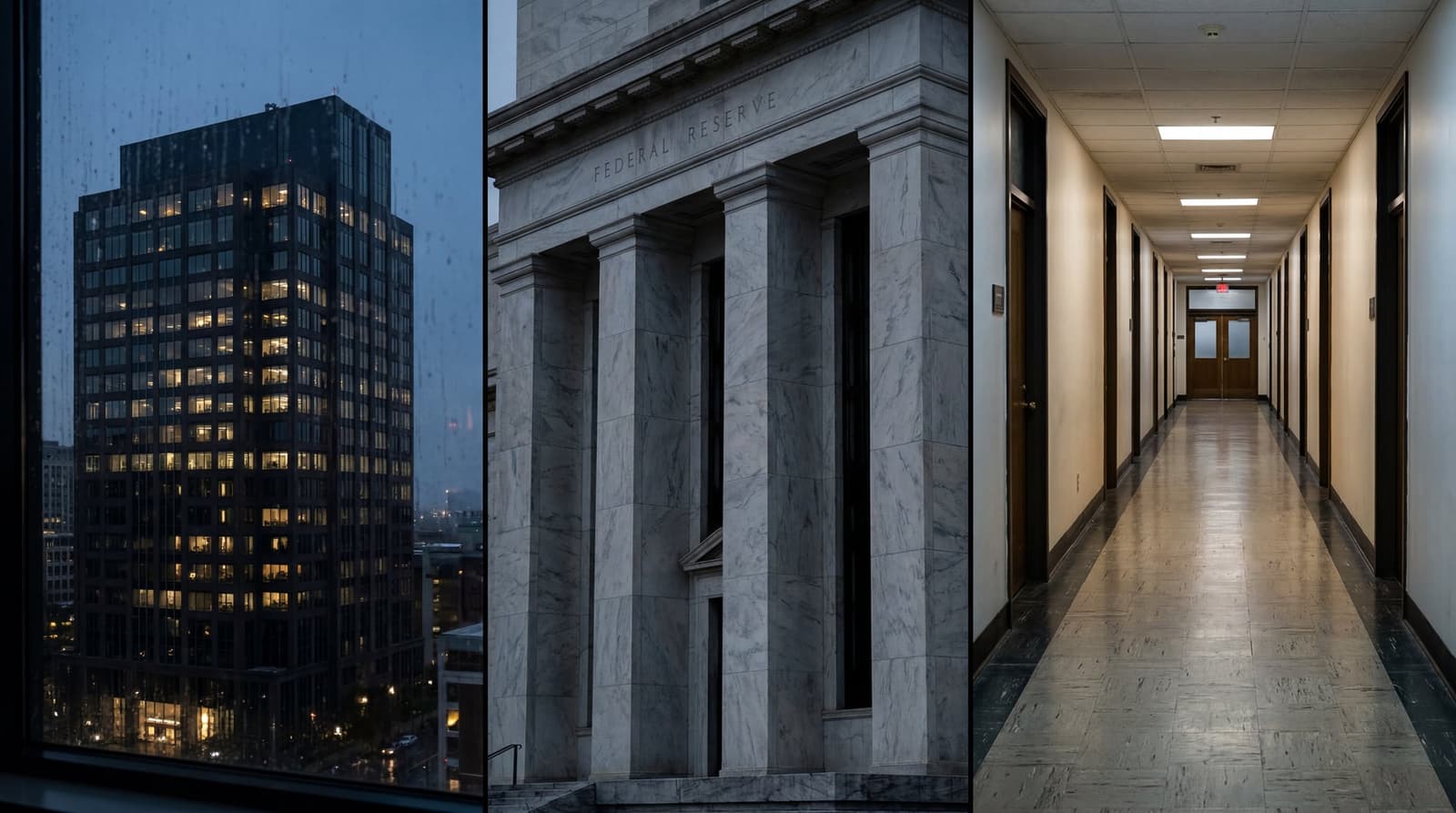 A split-panel newsroom-style composition showing three quiet symbols: a darkened Meta office tower at dusk, a marble Federal Reserve facade with shadowed columns, and an empty stat