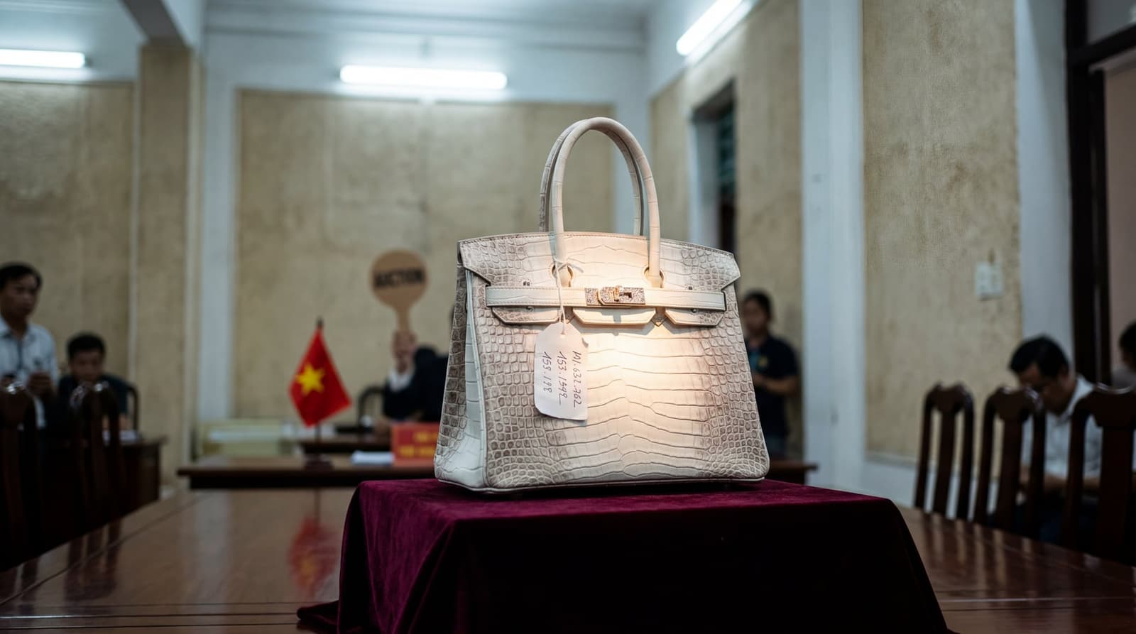 A white Hermès Birkin handbag displayed on a velvet-draped auction plinth inside a government building in Ho Chi Minh City, a small Vietnamese flag and auction paddle visible in so