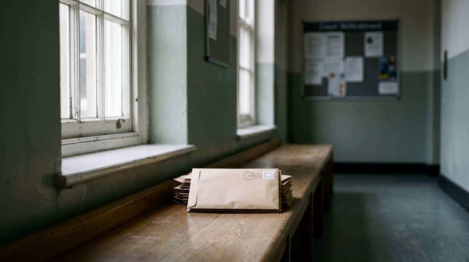 A quiet UK county court corridor in late afternoon, a stack of unopened brown envelopes on a wooden bench, one franked with a court seal. LIGHT: Cool overcast daylight through tall