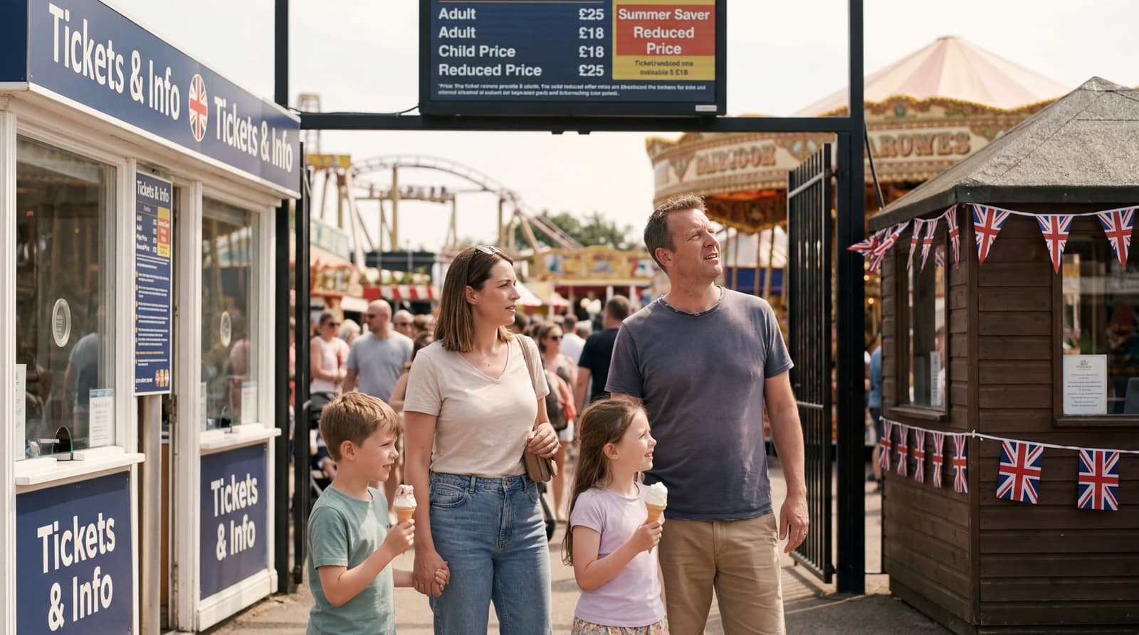 A British family of four at the entrance gate of a UK theme park on a bright summer day, parents checking ticket prices on a digital board showing a reduced rate, children holding