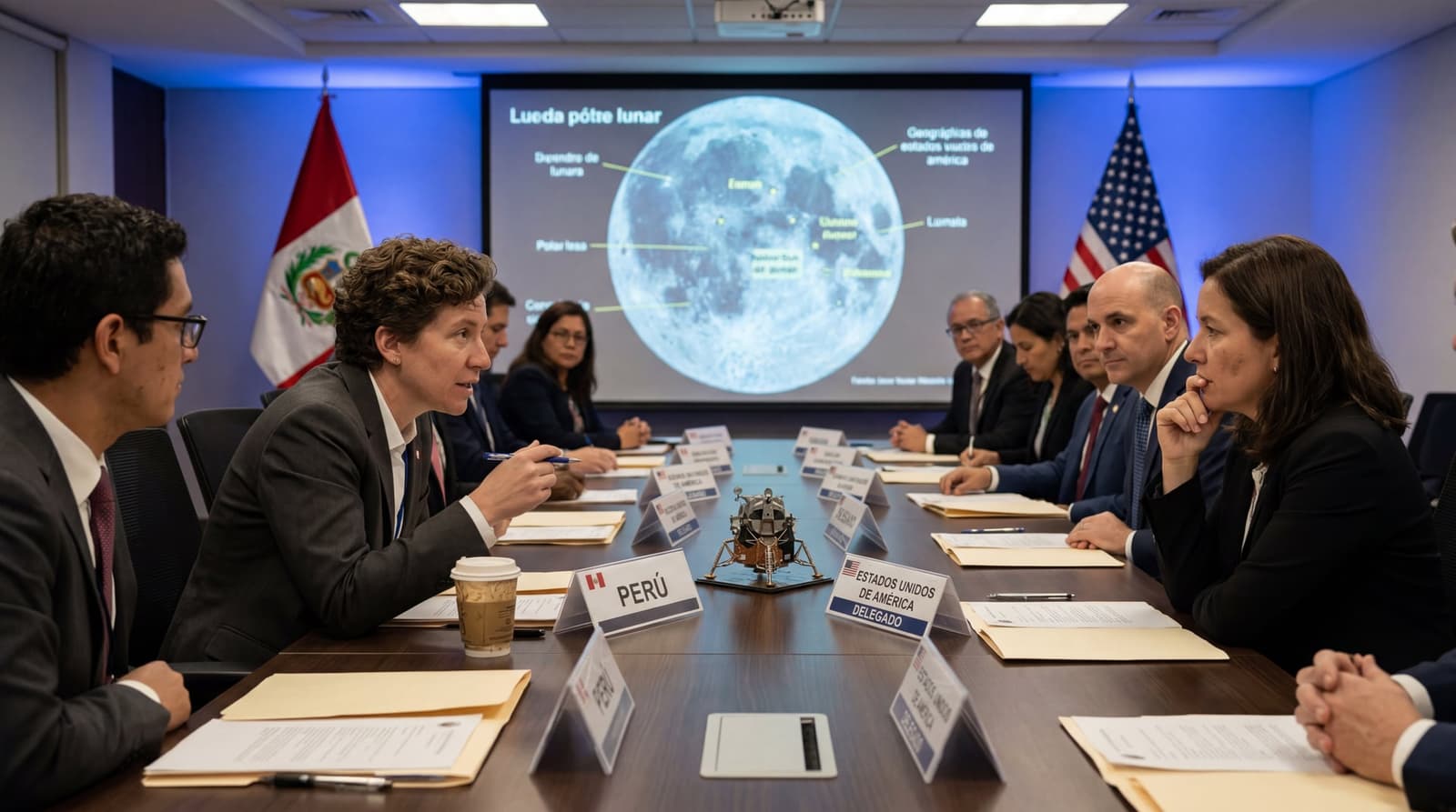 Delegates from multiple nations seated around a long conference table in Lima, flags of signatory countries visible, a large screen showing a lunar south pole map in the background