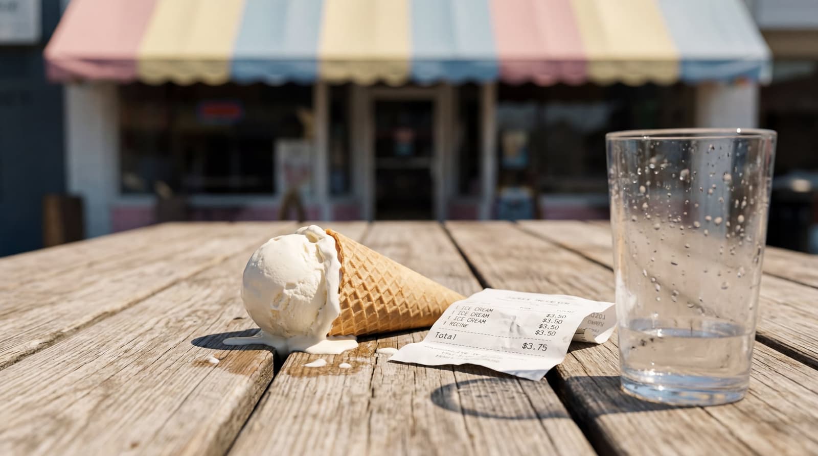 A half-melted scoop of vanilla ice cream in a waffle cone tilted on a sun-bleached wooden picnic table, a crumpled paper receipt with visible price next to it. LIGHT: Harsh midday