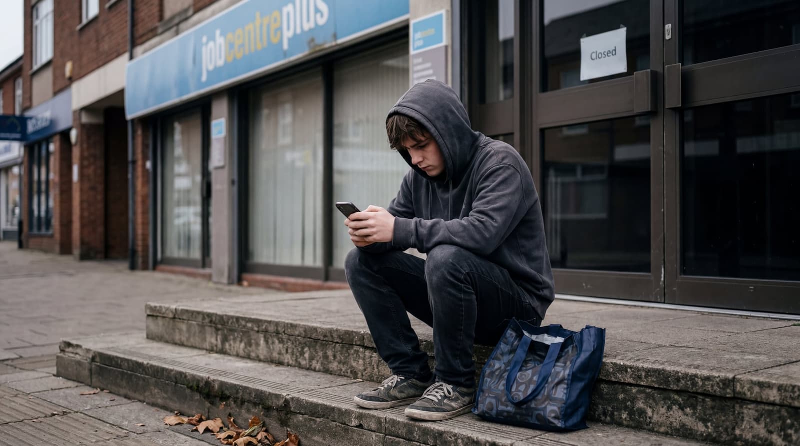 A young person in a hoodie sitting alone on the steps outside a closed UK Jobcentre Plus office, looking down at their phone, with the blue Jobcentre signage partly visible above