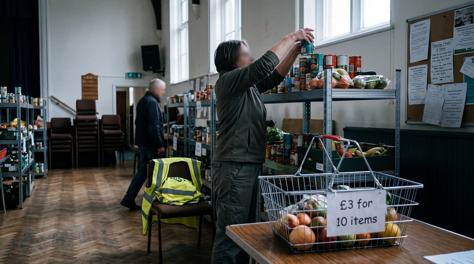 A volunteer stacks tinned goods and fresh produce on shelves inside a community food club in a UK church hall, with a price card reading '£3 for 10 items' visible on a basket in th