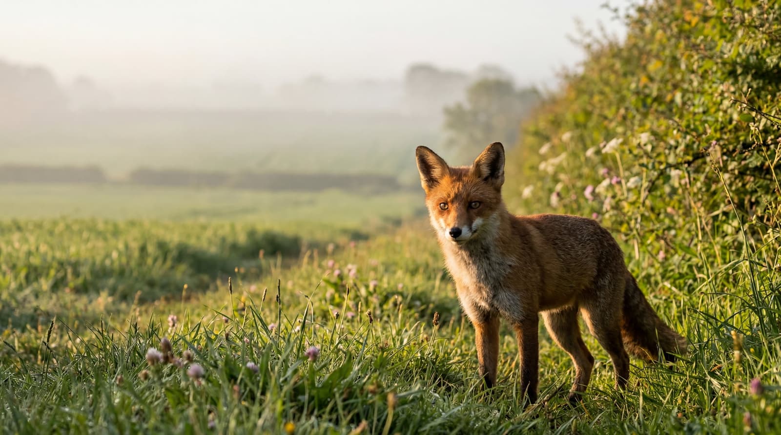 A red fox standing alert at the edge of a sunlit Somerset hedgerow at dawn, soft mist over green farmland behind. LIGHT: Low, warm golden-hour light from the side, long shadows, ge